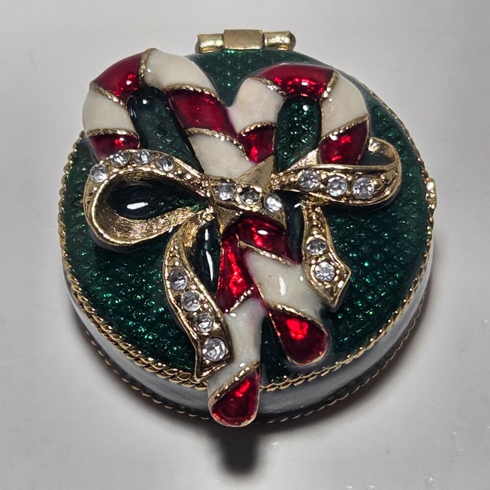 Vintage Monet Candy Cane Trinket Pill Box Gold Tone  Green Enamel Rhinestone NOS